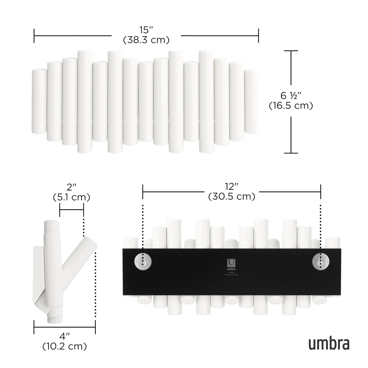 Umbra Picket Wall-Mounted Coat Rack Rail Hook with 5 Retractable Wood Pegs – Modern, Space-Saving Storage Organizer, White