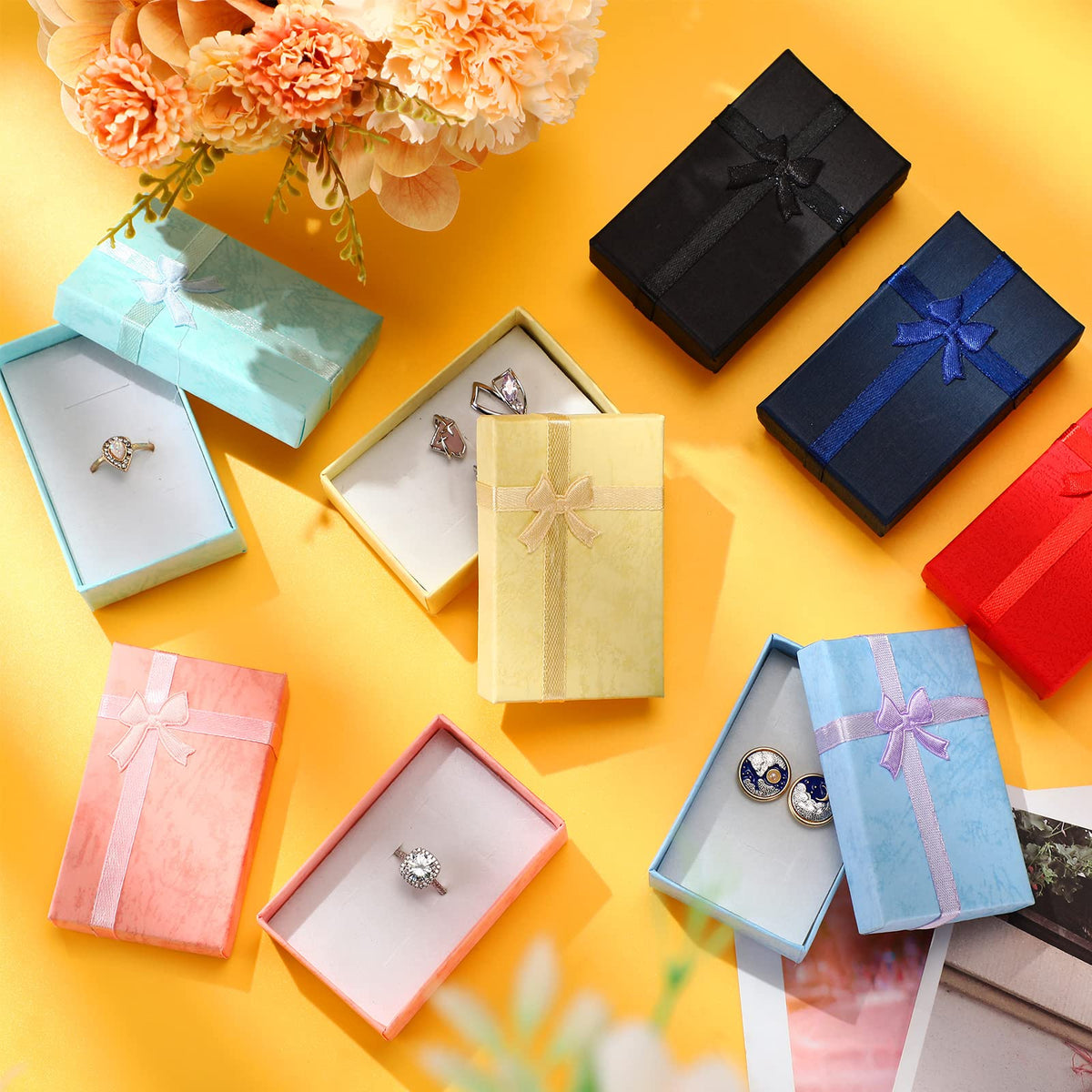 Batiyeer Jewelry Gift Boxes Set Empty Small Gift Cardboard Boxes for Jewelry Packaging with Ribbon Bowknot for Anniversaries Weddings Birthday, 8 Colors (72 Pcs)