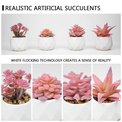 VIVERIE Mini Faux Succulents Plants Artificial in Pots-Rose Pink Desk Accessories, Small Fake Succulents Plants for Home Decor Indoor for Women, White Ceramic, Set of 4