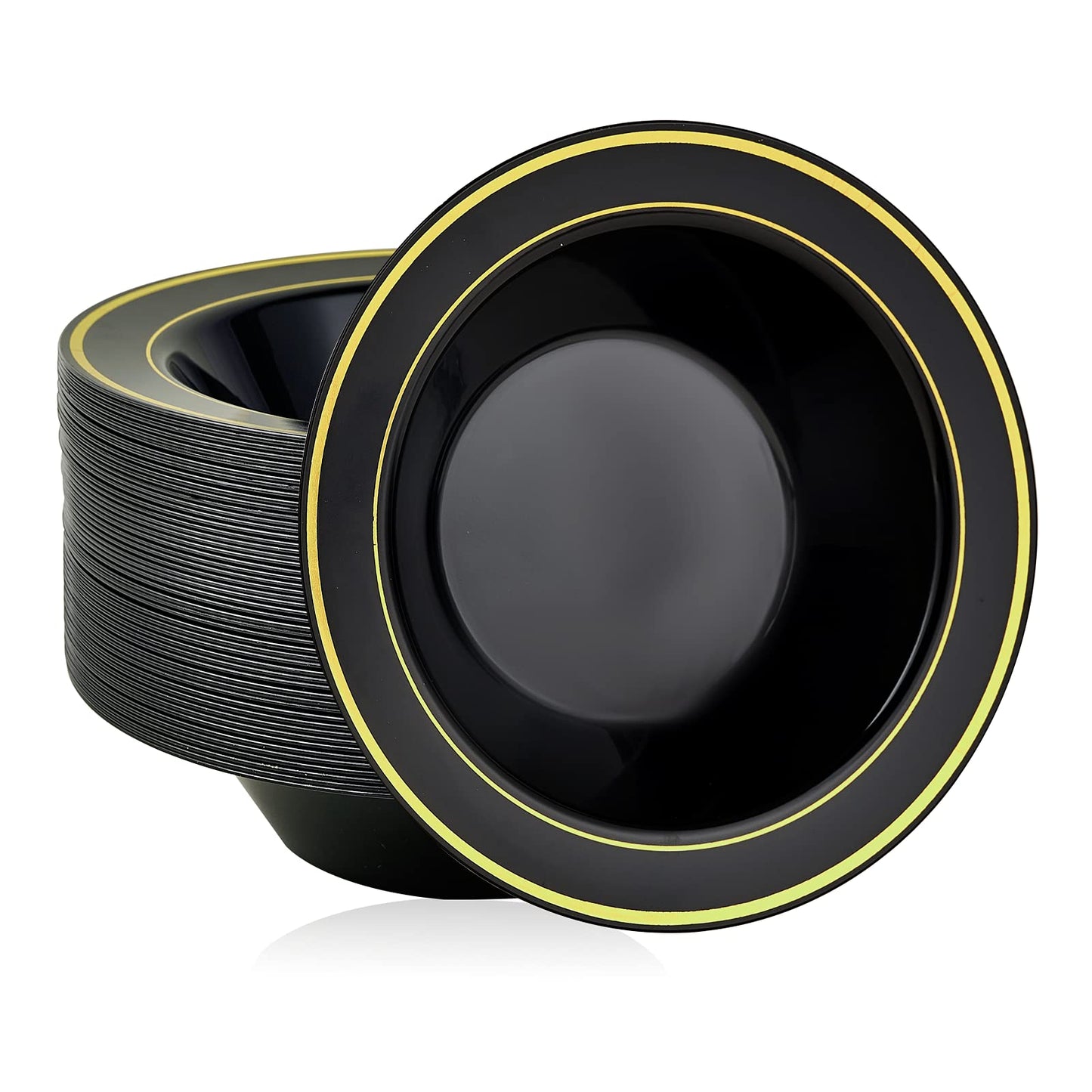 JOLLY PARTY 50PCS Black Plastic Bowls with Gold Rim-12oz, Christmas Thanksgiving Premium Disposable Soup Dessert Salad Bowls for Wedding/Party/Halloween
