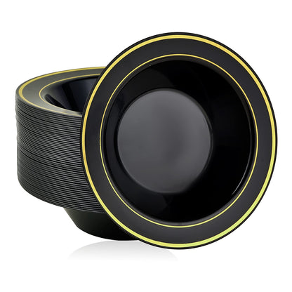 JOLLY PARTY 50PCS Black Plastic Bowls with Gold Rim-12oz, Christmas Thanksgiving Premium Disposable Soup Dessert Salad Bowls for Wedding/Party/Halloween