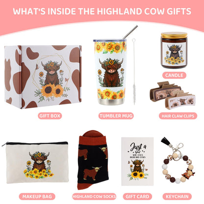 Bayelove Highland Cow Gifts for Women Highland Cattle Stuff Themed Gifts Include Tumbler Mug Makeup Bag Hair Claw Clips Keychain Socks Card for Highland Cow Lover Birthday Christmas