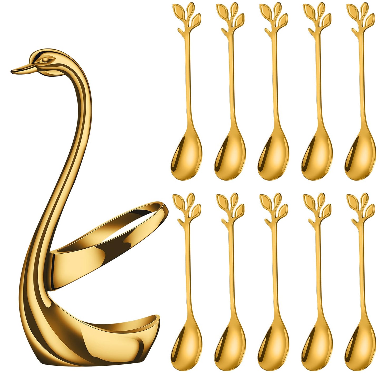 AnSaw Gold Swan Base With 10-Pcs Mini Leaf Coffee Spoon Holder Set - 4.7"