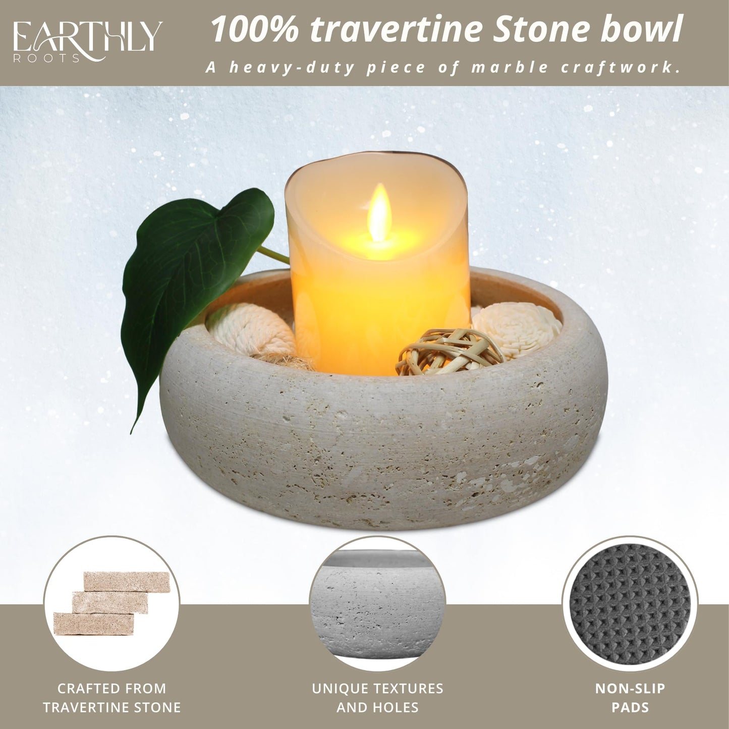 EARTHLY ROOTS Travertine Decorative Bowl, 7.5” Natural Stone Candy Bowl, Coffee Table Catchall Dish for Living Room, Candle, Key, Trinket Holder & Hand Crafted Home Decor