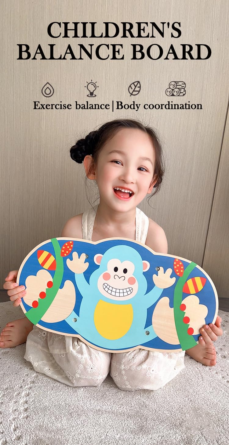 Wooden Balance Board Toy for Kids, Monkey Theme Balancing Game, Montessori Educational Toy, Active Play & Exercise
