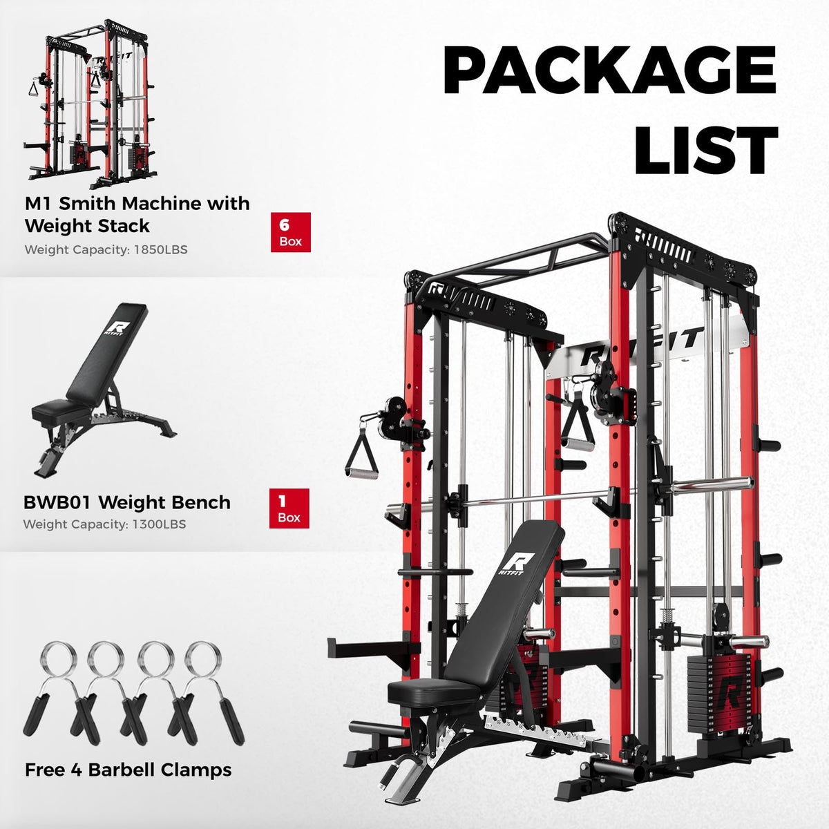RitFit M1 Pro Smith Machine Package, All-in-One Power Cage with Weight Stack Set, Includes LAT Pulldown & Cable Crossover System for Home Gym