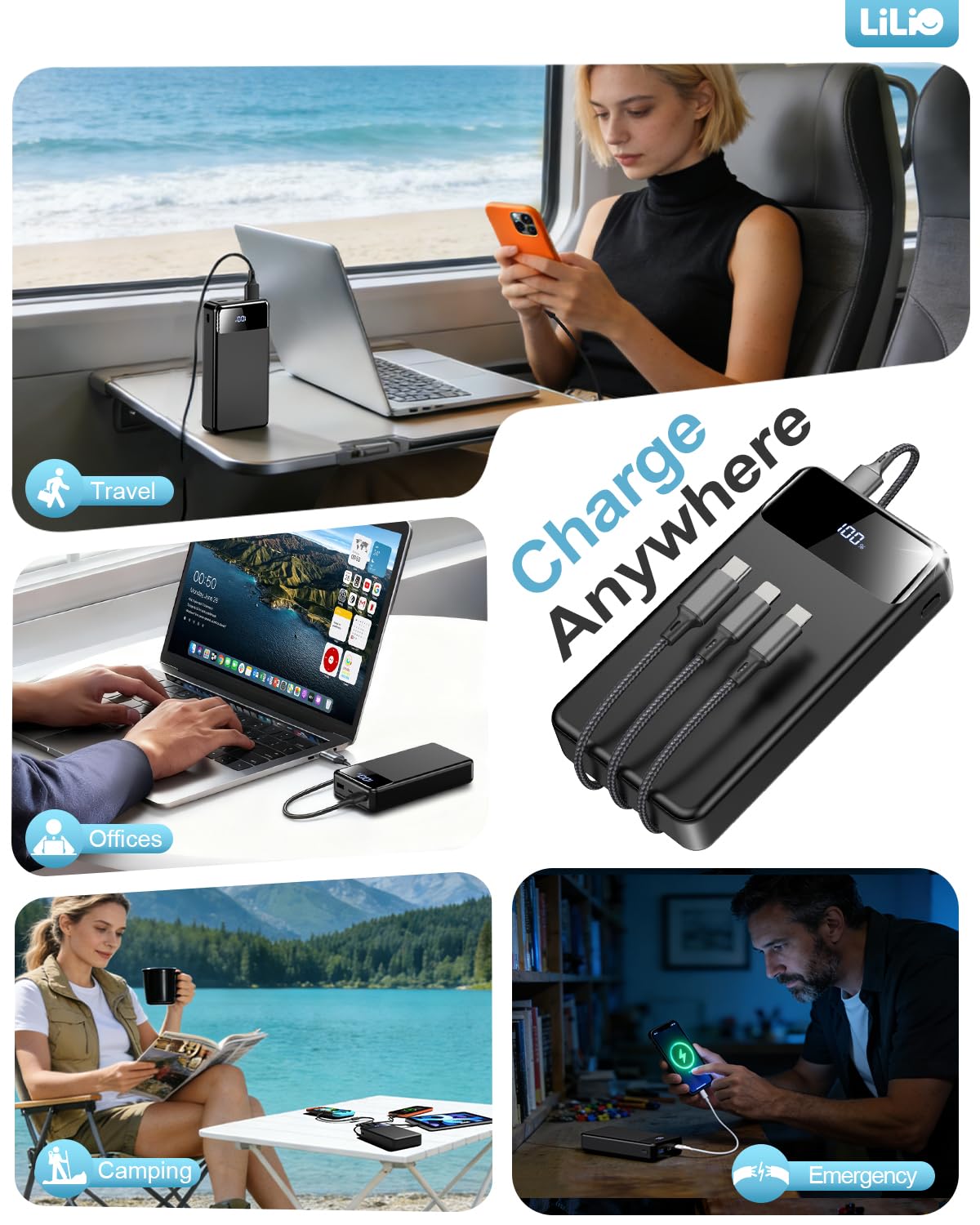 LILIO Portable Charger Power Bank，60,000mAh Battery Pack, 22.5W Power Bank Fast Charging with USB Cable, Phone Charger for iPhone 17/16/15/14/13 All Series/Samsung/Android, Camping Essentials, Black