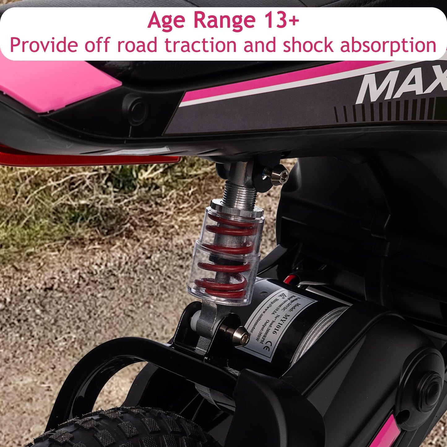Garvee 24V 350W Kids Electric Dirt Bike - 3-Speed Off-Road Motorcycle, Rear-Wheel Drive, Up to 14.29 MPH, Shock-Absorbing Suspension, Battery Powered Ride-On Toy for Boys & Girls Ages 5-17 - Pink 7