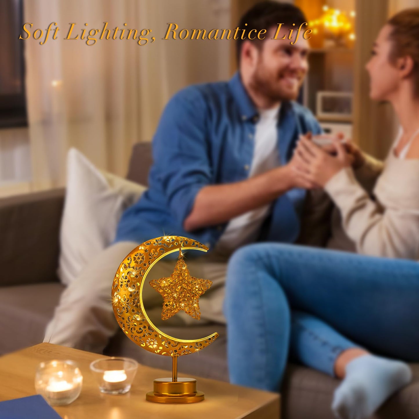 GOUTOOL Art Deco Table Lamp, Rattan Star LED Night Light, Moon Lamp with Cordless Design, Home Decor Gift for Living Room, Office, Holiday
