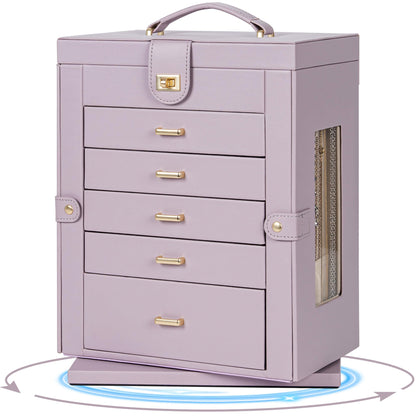 AKOZLIN 360° Rotating Jewelry Box 6-Tier Organizer Functional Jewelry Storage Case for Women Girls Ring Necklace Earring Bracelet Holder with Mirror Purple