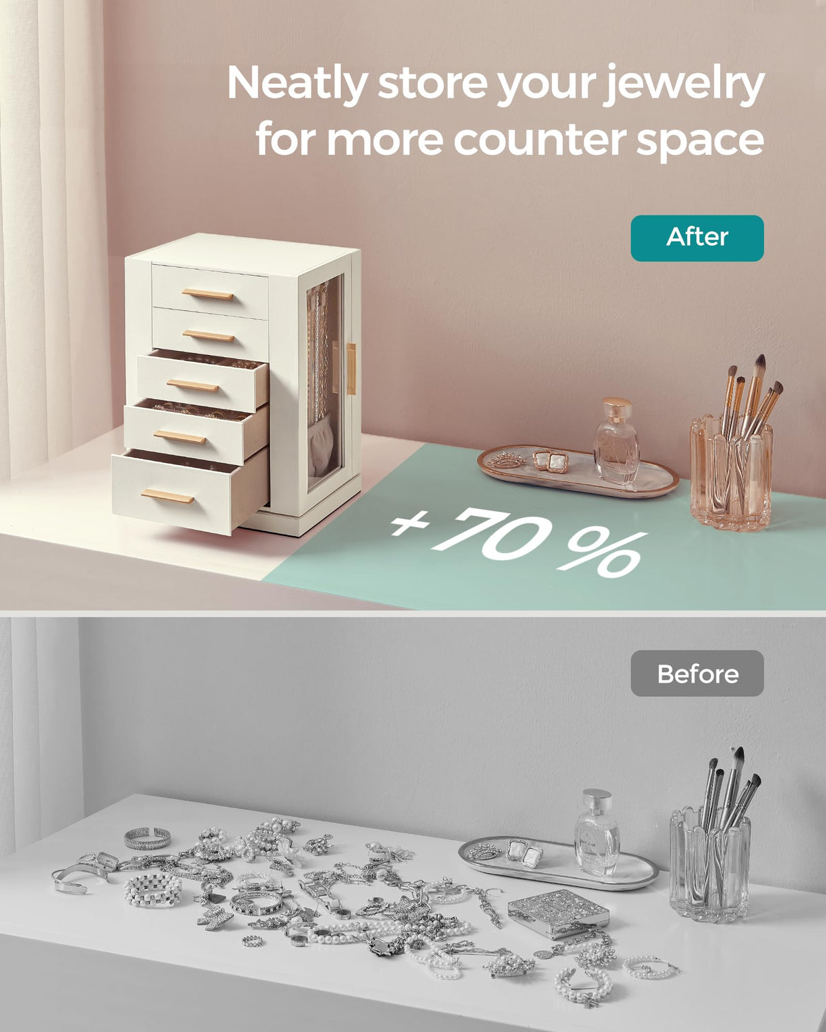 SONGMICS Jewelry Box 360° Rotating, Jewelry Storage Case with 5 Drawers, Jewelry Organizer, Glass Window, Spacious, Vertical Jewelry Storage, Open Design, Great Gift, Cloud White UJBC170W01