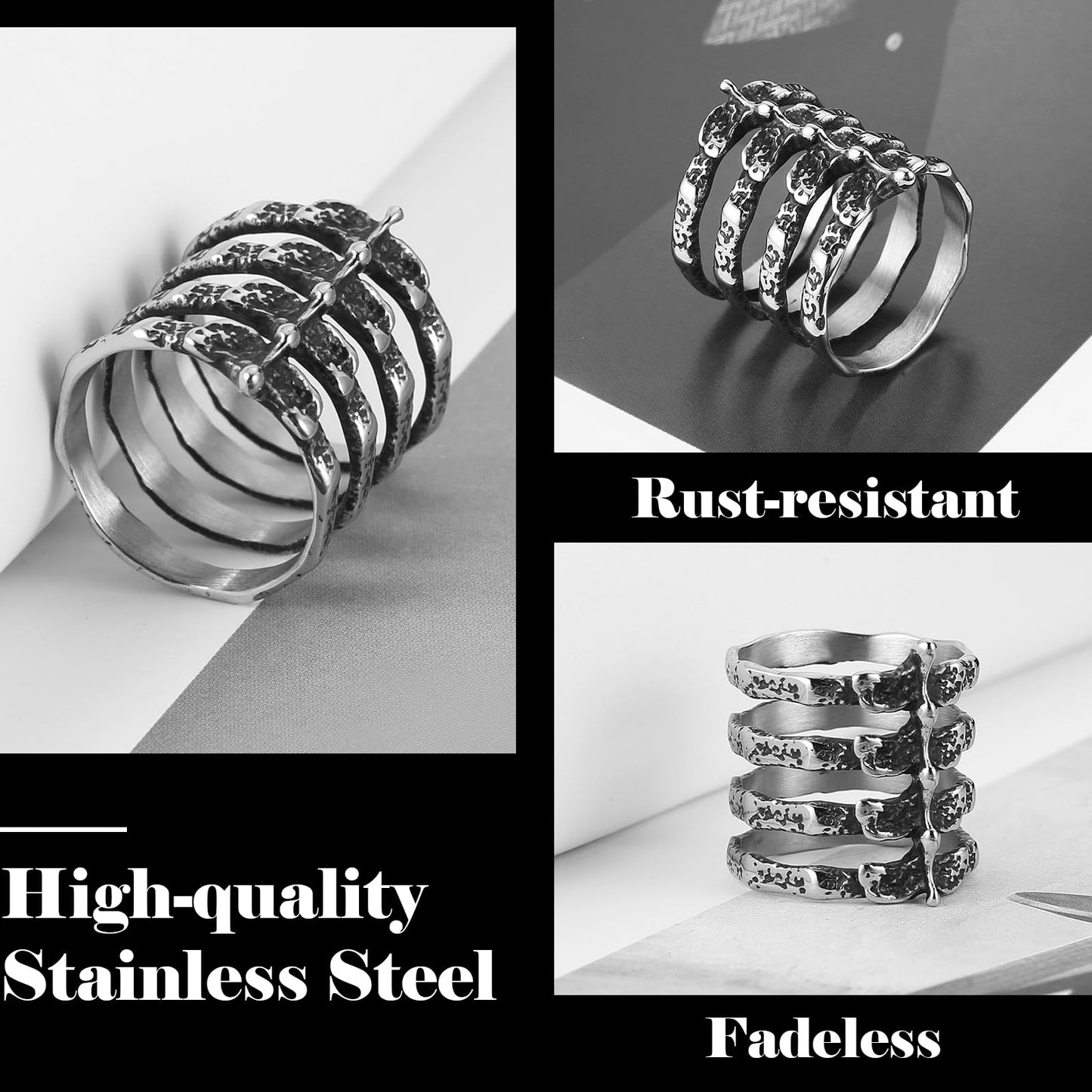 HZMAN Gothic Punk Spine Skeleton Ring Bone Stainless Steel Rings for Men Women Biker Jewelry Gift (Size,7)