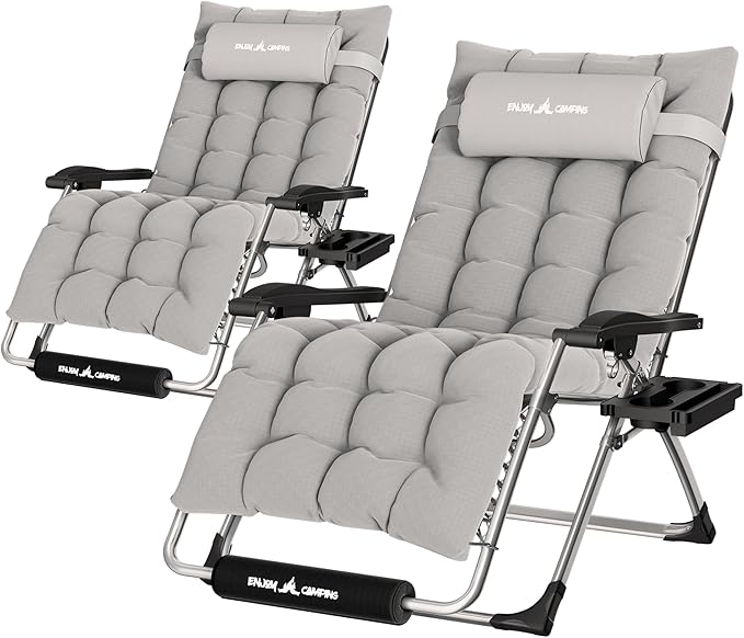 UDPATIO Oversized Zero Gravity Chair 33In XXL Patio Reclining Chair with Cushion, Outdoor Folding Recliner with Pillows, Cup Holder, Foot Rest & Padded Headrest, Support 500LB (2, Light Grey-XL)