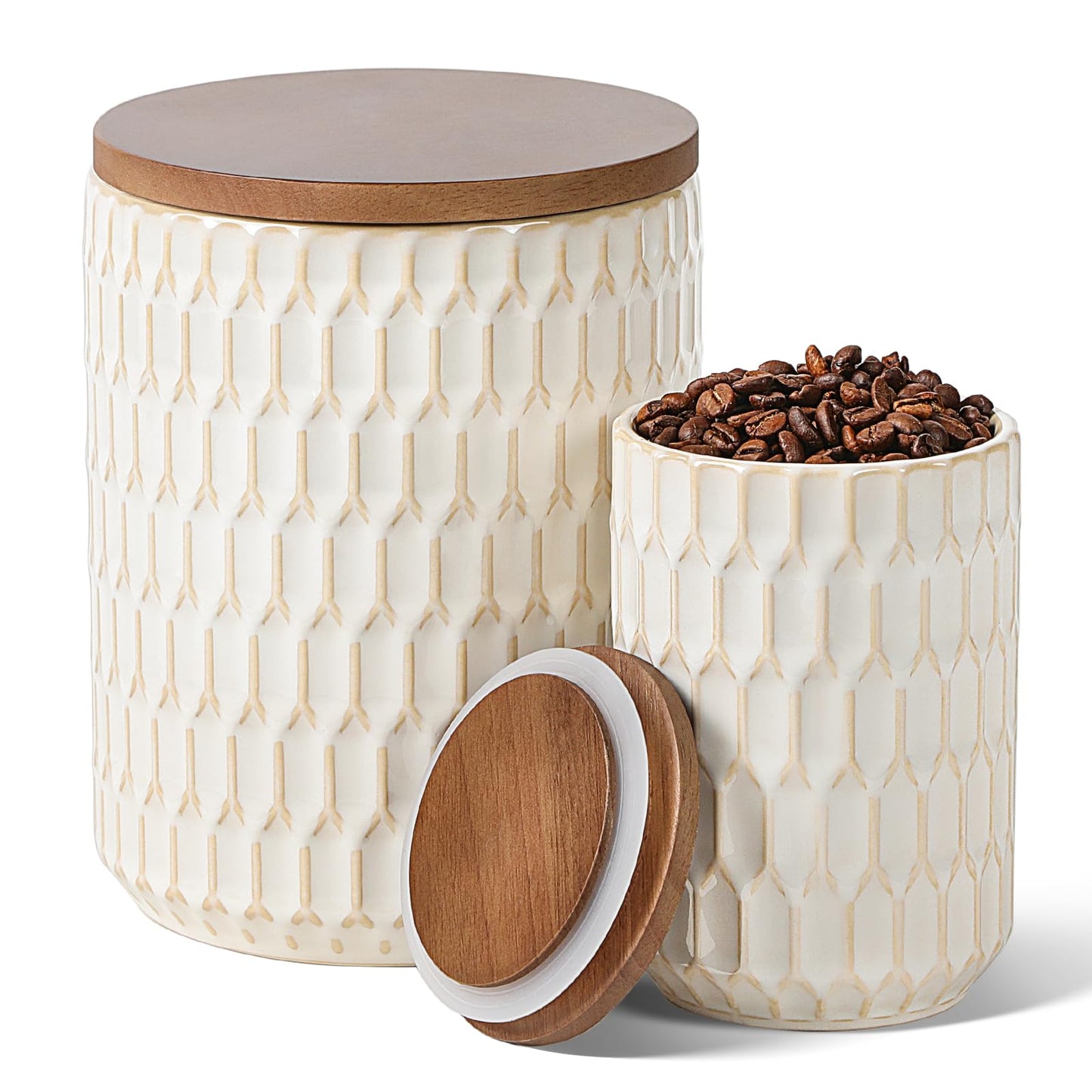 ArteBake Ceramic Canisters Sets for the Kitchen, Flour Sugar Storage Containers, Diamond-Patterned Design, Coffee Canister with Airtight Lid for Counter Spice and Food (White Sets of 2)