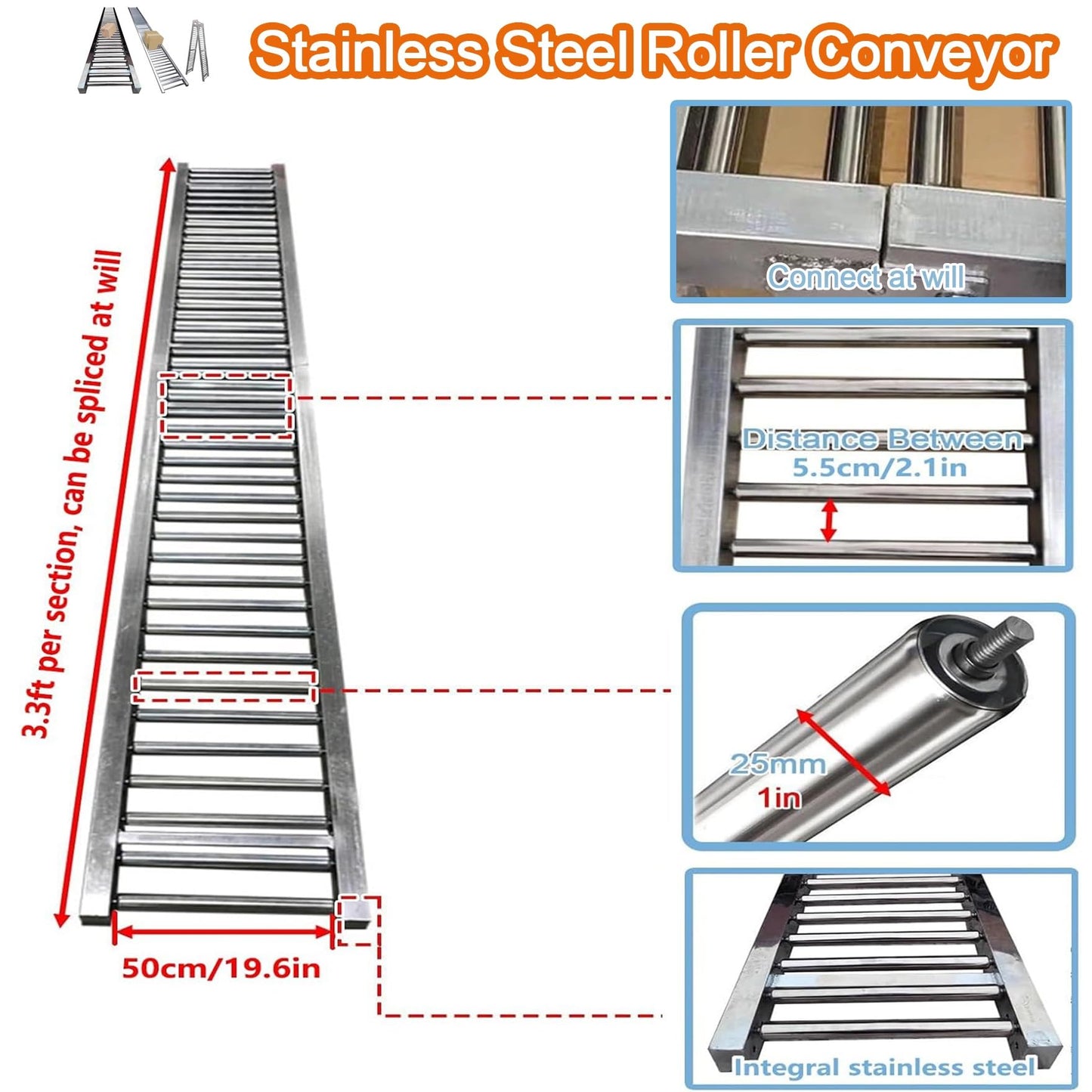Adjustable Heavy Duty Gravity Conveyor Roller for Warehouse Unloading, 3.3 to 33ft Lengths, 16in Wide, Height Adjustable Stand - Efficient Material Handling Solution