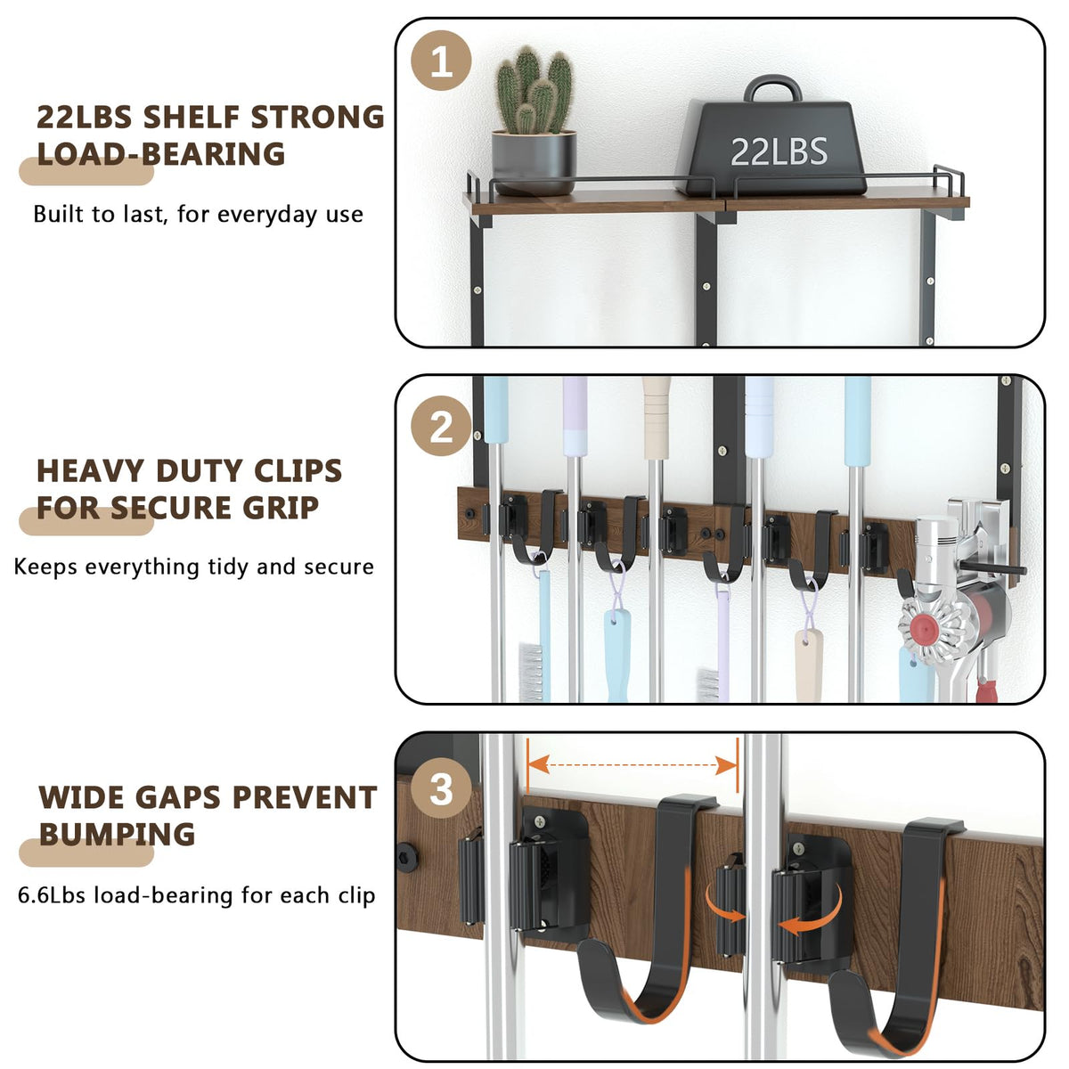 Casremee Mop Holder Wall Mount with Cleaning Supplies Organizer, Wood Mop and Broom Hanger Rack Organizer with Anti-Fall Wall Shelf with 5 Clips & Hooks for Garage Laundry Room Kitchen (Dark)