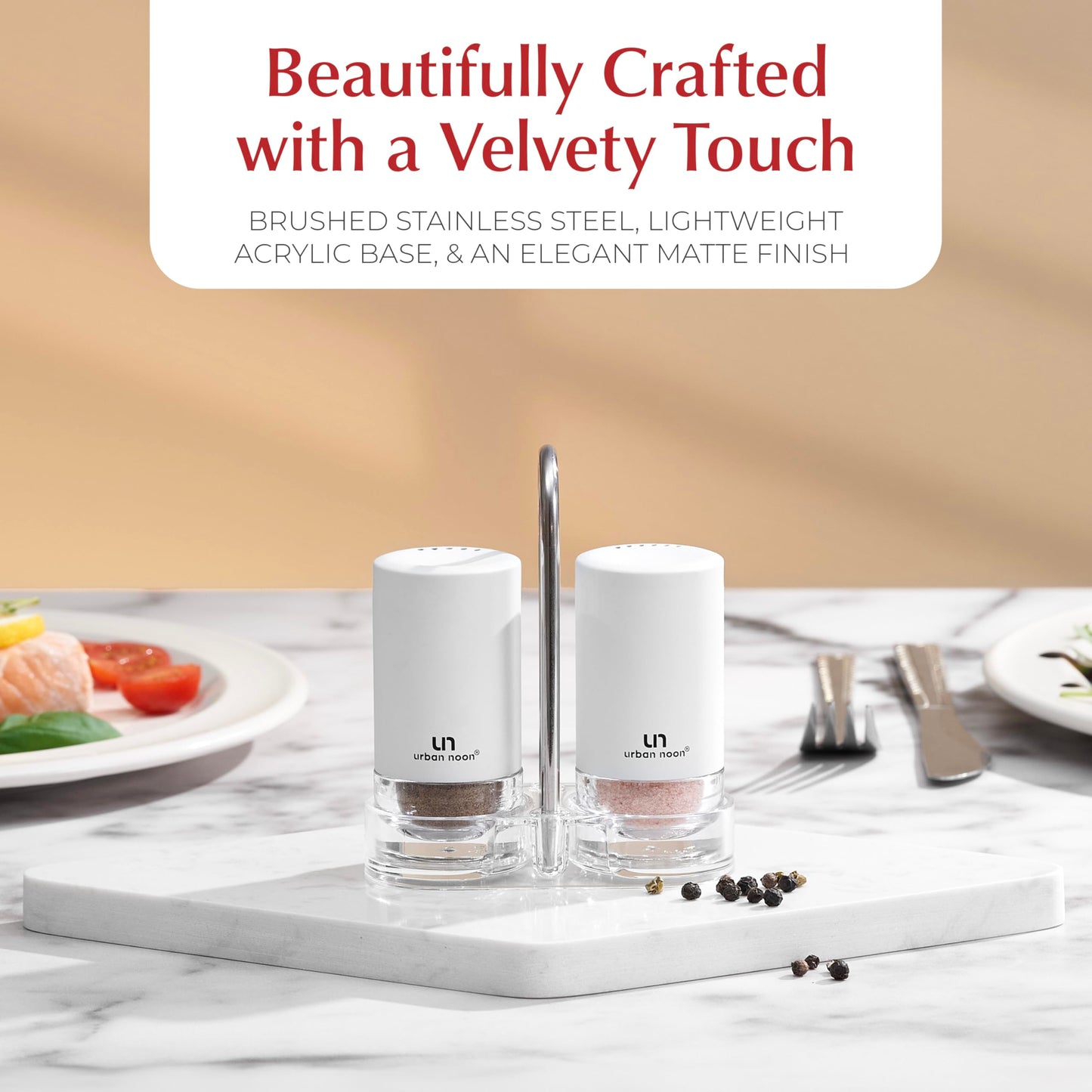 White Salt and Pepper Shakers with Holder - Elegant Stainless Steel Salt Shaker and Pepper Shaker Set with Acrylic Holder for Kitchen Counter or Restaurant Table