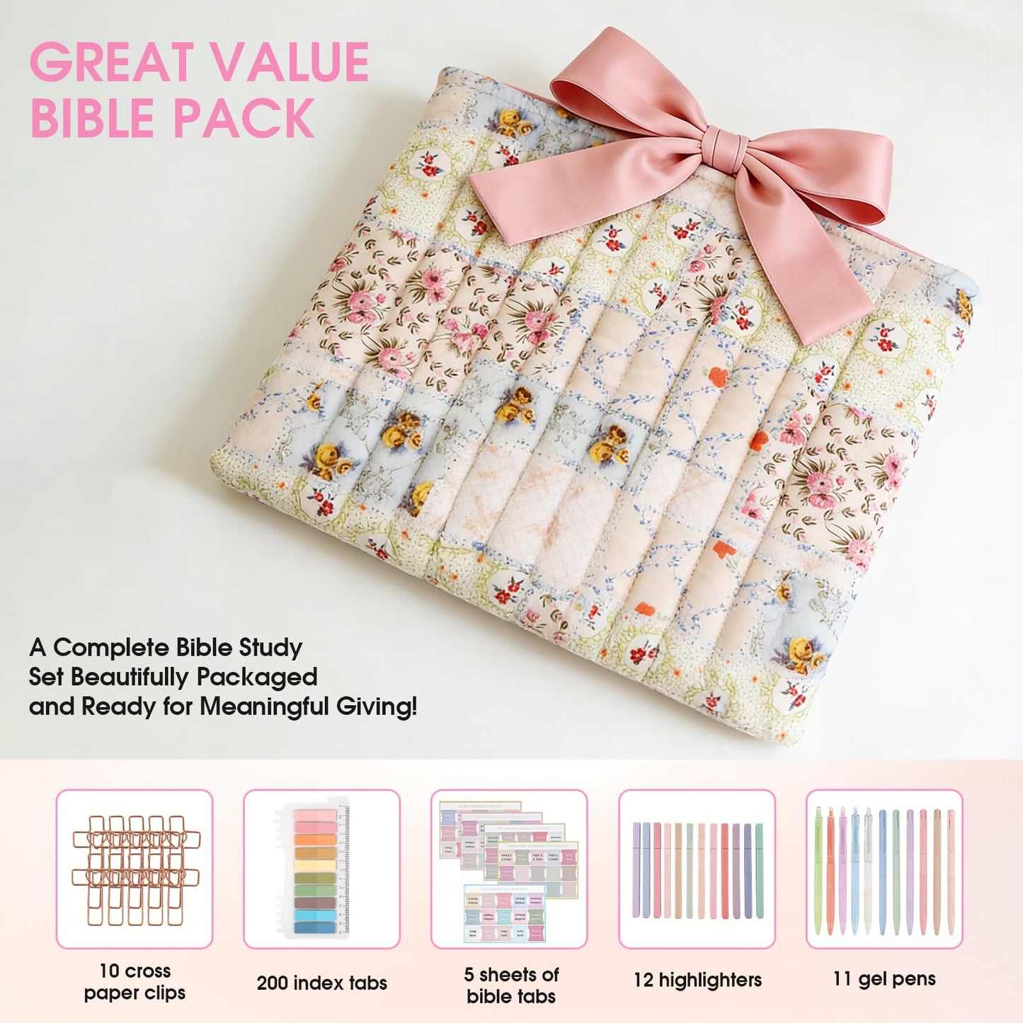 Quilted Bible Cover Case for Women, Pink Floral Bow Bible Carrier Bag, Bible Study Supplies Kit with Tabs Paperclips Highlighters Pens Sticky Notes, Christian Gift Set with Box