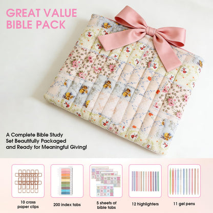 Quilted Bible Cover Case for Women, Pink Floral Bow Bible Carrier Bag, Bible Study Supplies Kit with Tabs Paperclips Highlighters Pens Sticky Notes, Christian Gift Set with Box