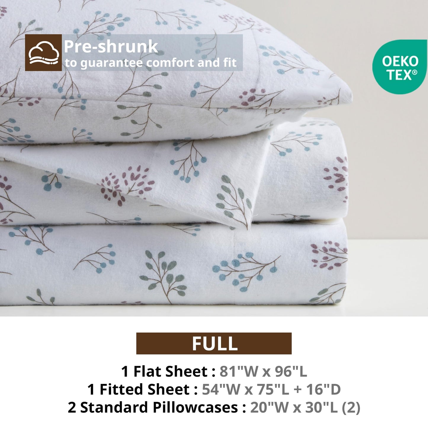 Beautyrest Cotton Sheet Set Cozy Print 100% Cotton Flannel Sheets Warm & Fuzzy Bedding Set, Oversized Sheets, Deep Pocket Fits Up to 16" Mattress Cozy Full Bed Sheets Full Tossed Botanical 4 Piece