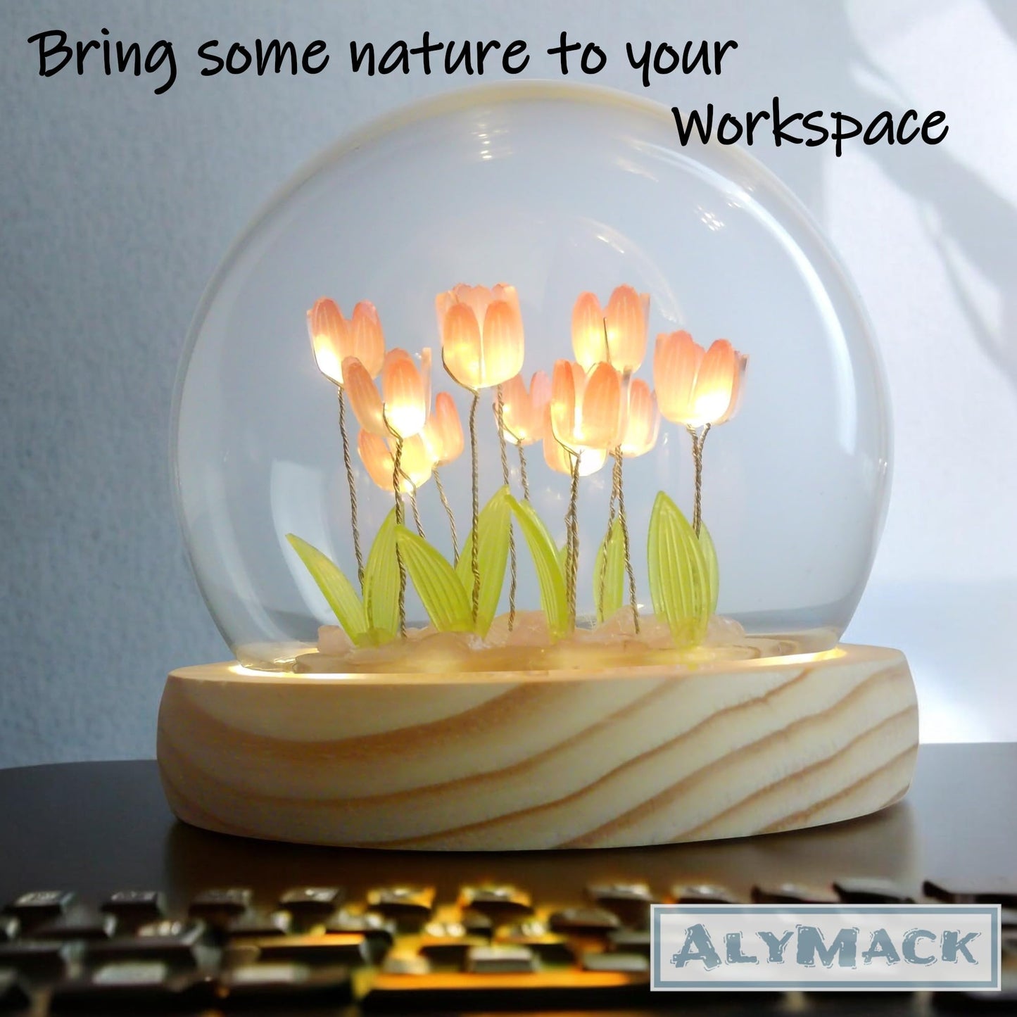 ALYMACK Tulip Lamp Glass Globe - Illuminated Flower Lamp with Glowing Blooms on Wooden Base - Battery-Powered Decorative Night Light for Bedroom, Living Room & Home Decor