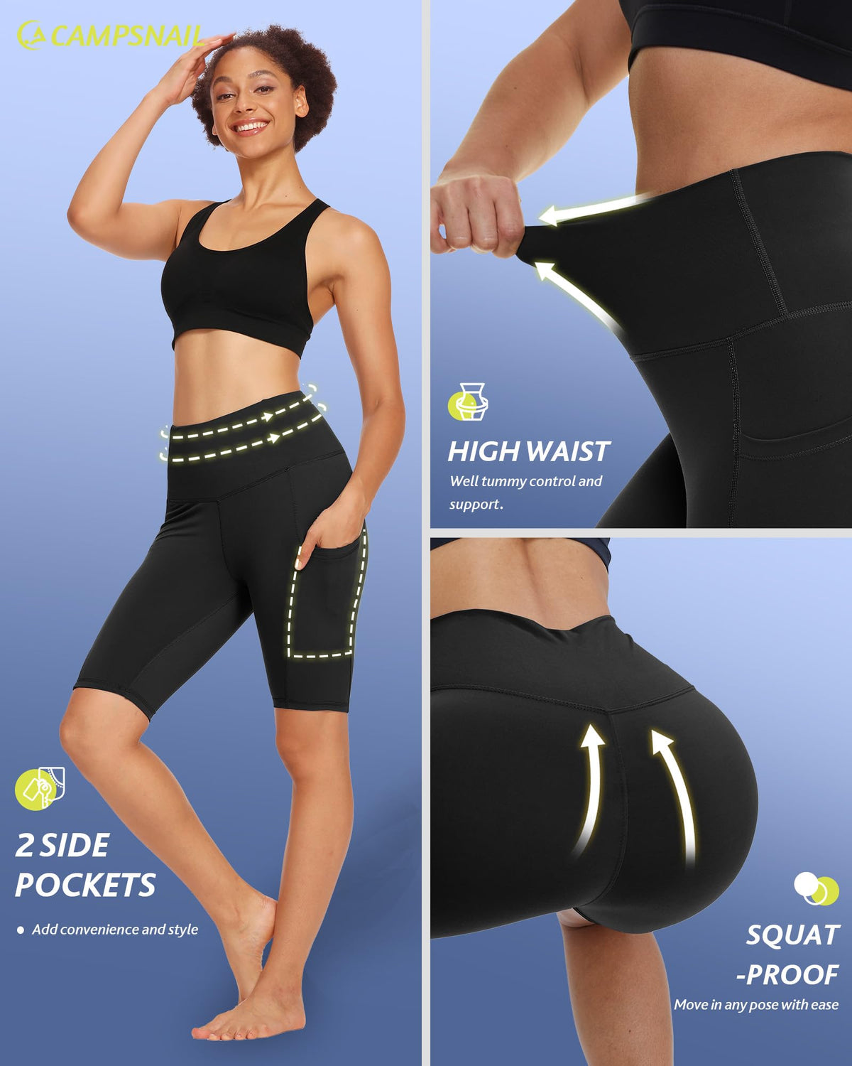 CAMPSNAIL 4 Pack Biker Shorts Women – 5"/8" High Waist Tummy Control Workout Gym Yoga Running Compression Shorts with Pockets