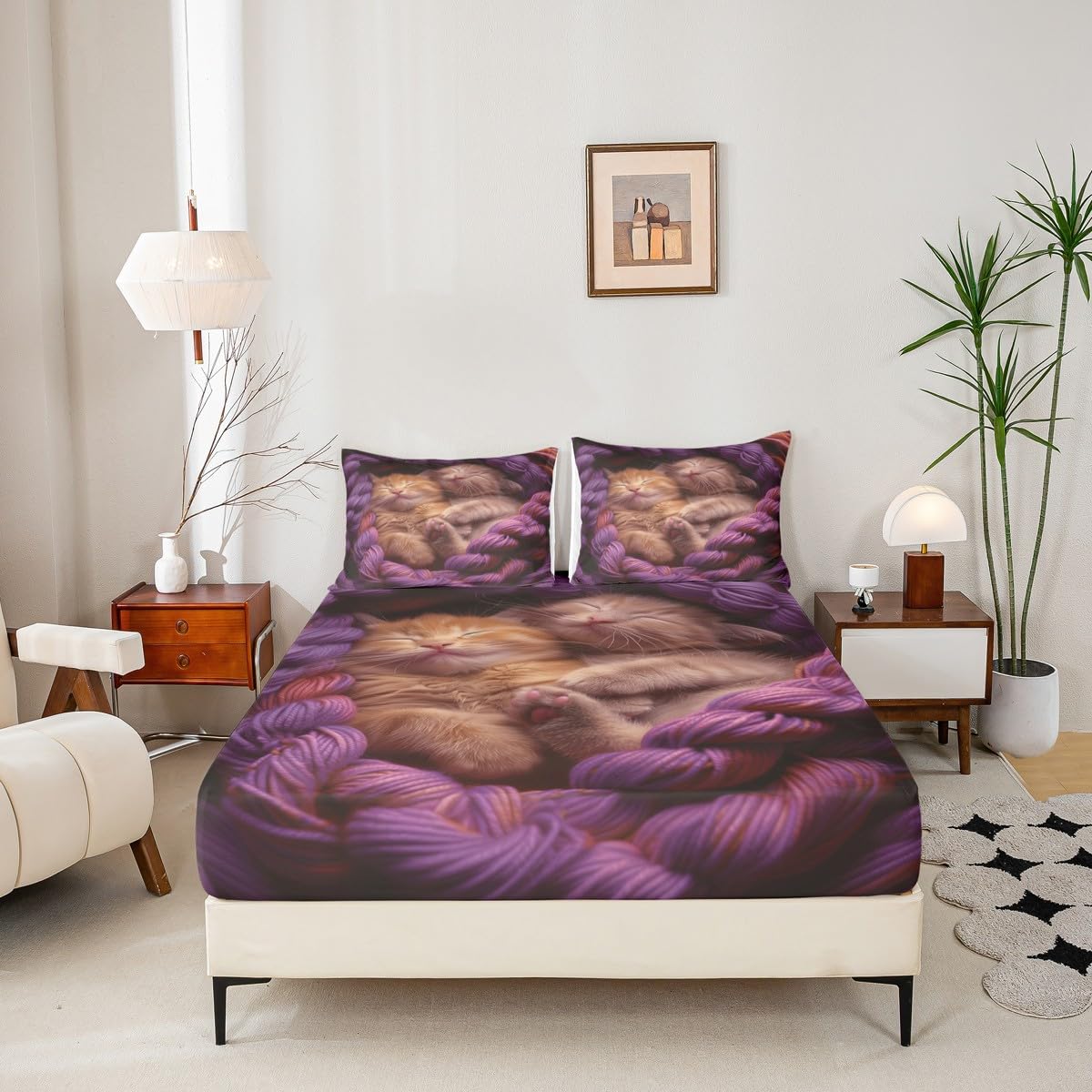 jejeloiu Cats Print Fitted Sheet with 1 Pillowcase Twin Size Animal Bed Sheets Set 16" Deep Pocket Boys Girls Purple Bedding Cute Kitten Teens Bedroom Decor Breathable Lightweight Microfiber