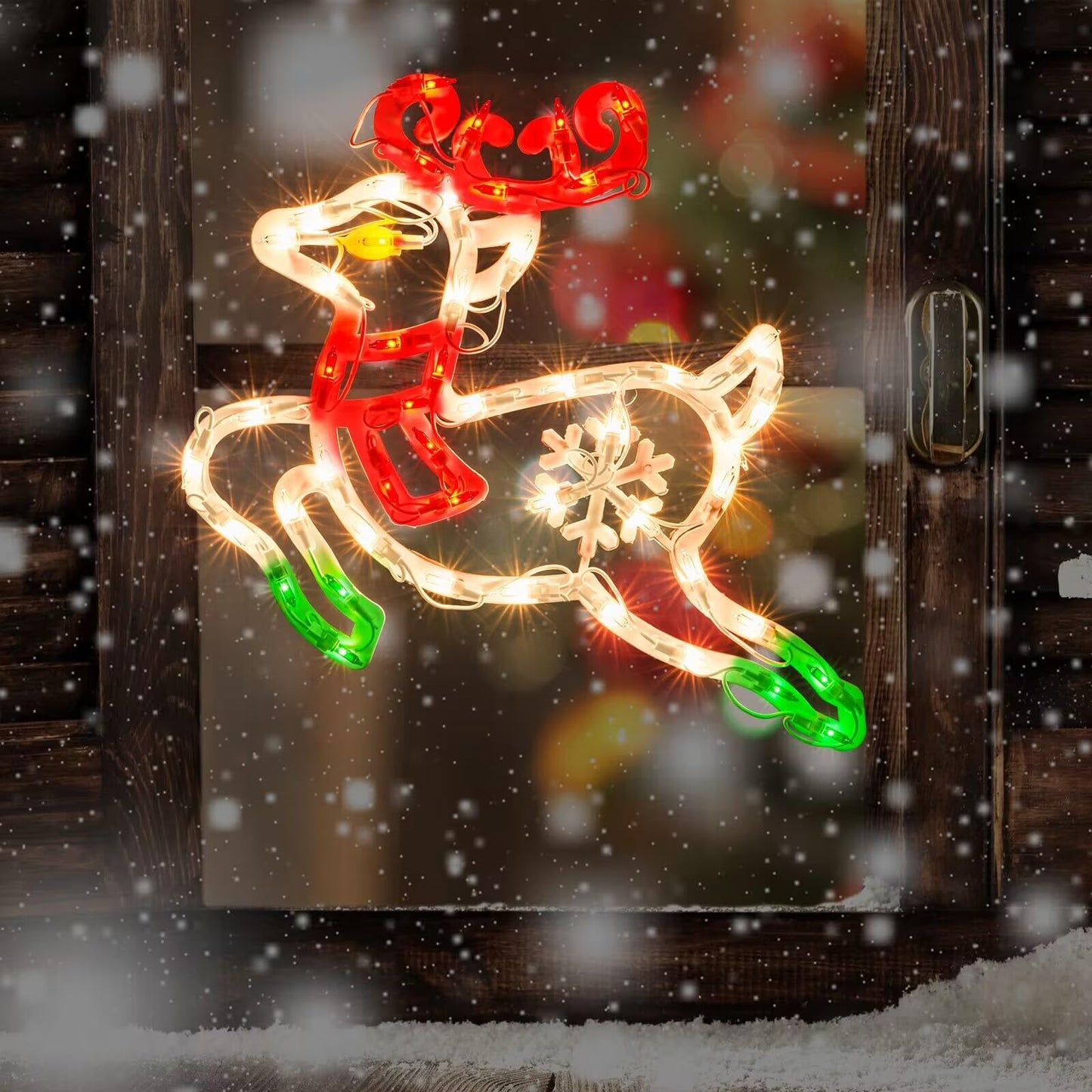 JUSTPRO Christmas Window Silhouette Lights, Lighted Deer Double Sided Decorations with 50 Count Incandescent Mini Light for Holiday Indoor Wall Door Glass Decor