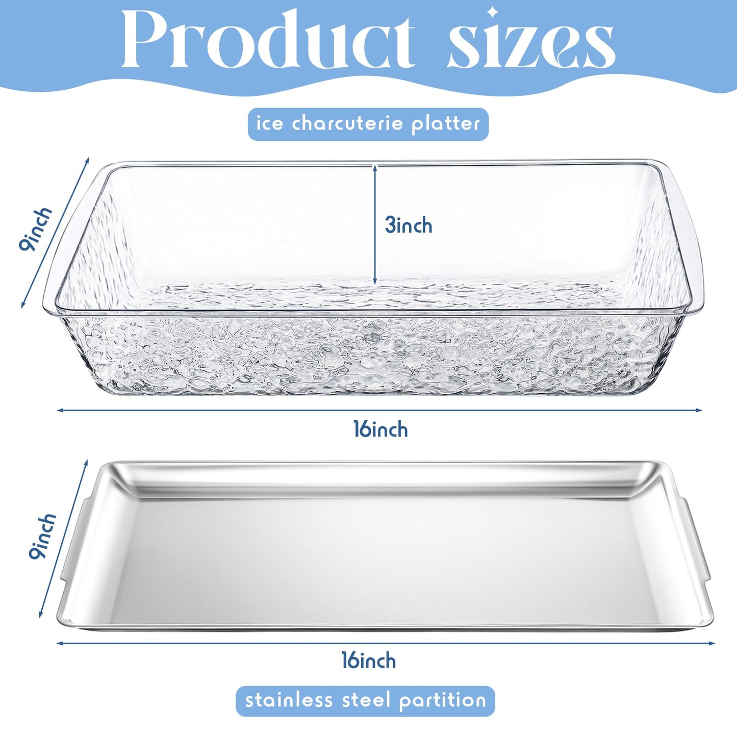 Baderke 1 Set 16" x 9'' Chilled Serving Tray for Parties with Compartments Rectangle Serving Dish Ice Charcuterie Party Platter for Shrimp Fruit Seafood Vegetable Appetizer (Silver)