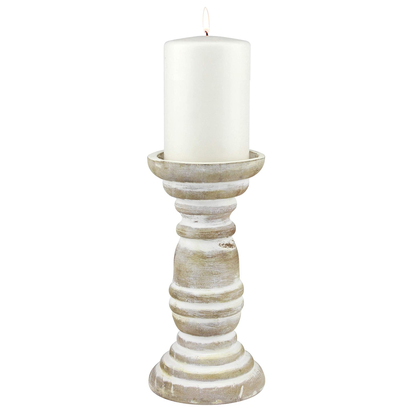 Stonebriar Decorative Worn White Wooden Pillar Candle Holder, Coastal Home Decor, Ocean Inspired Designs for Wedding Decorations, Parties, or Everyday Home, Large 8 Inch
