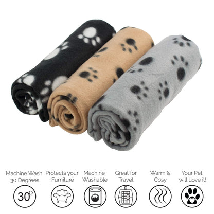 DIGIFLEX Large Pet Blankets x3 Dog Cat Soft Fleece 70cm X 100cm - Washable Soft Fleece Dog/Cat Throw Blanket - Paw Print Design – Bedding for a Puppy & Kitten