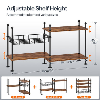 HOOBRO Kitchen countertop Organizer, 4-Tier Adjustable Kitchen Storage Shelf with Rods & Leveling Feet, 3 Configurations, for Cabinet, Countertop, Bathroom, Office, Rustic Brown and Black BF21TL01