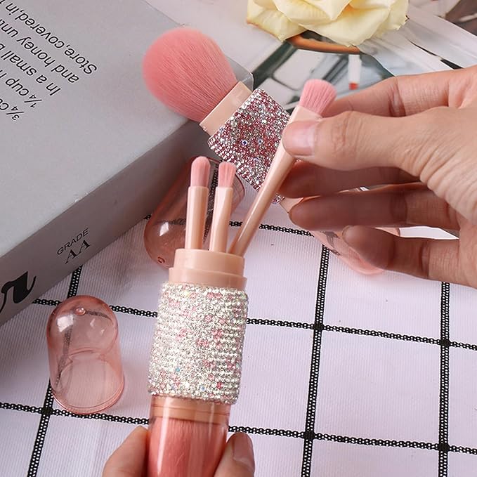 WOKOTO 4 in 1 Pink & White Diamond-Embellished Makeup Brushes