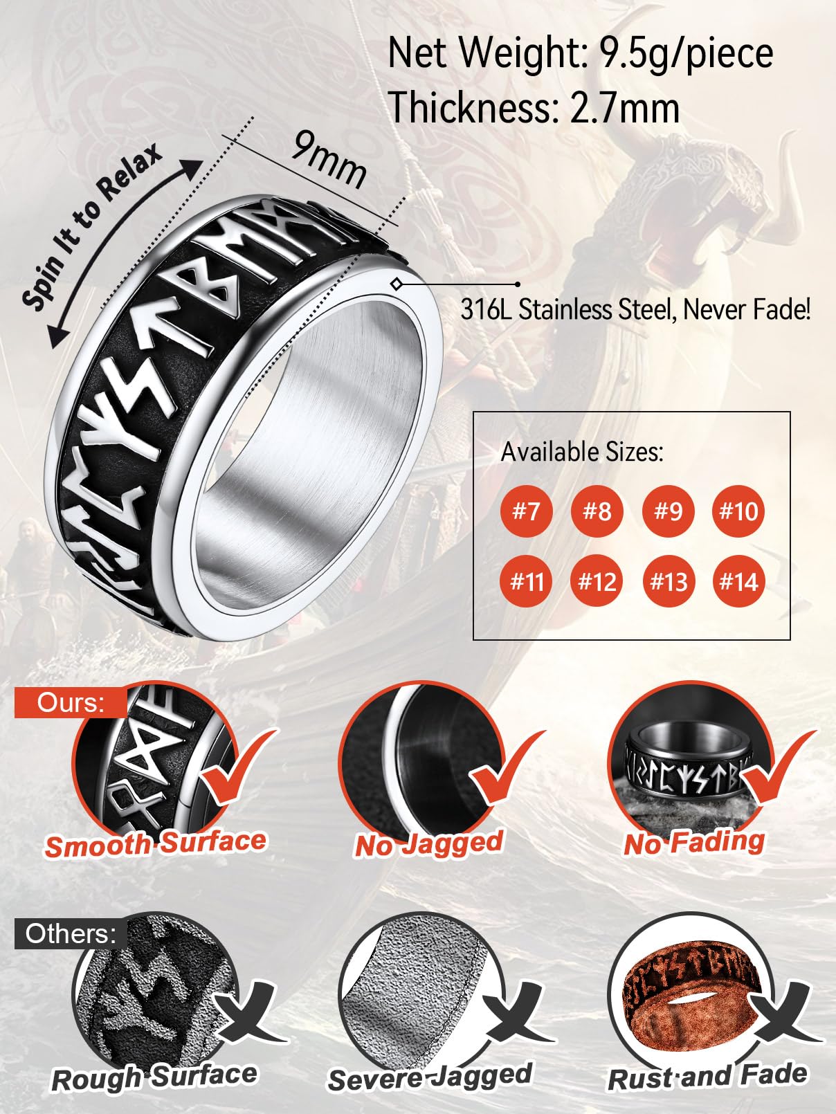 FaithHeart Viking Rings Men Stainless Steel Fidget Ring Spinning Jewellery Norse Runes Band Cool Boys Ring Size O