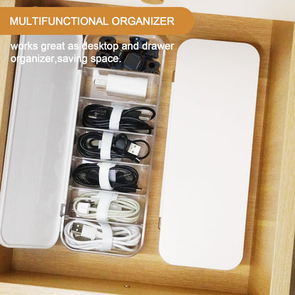 Asonen Cable Organizer Box with 14 Wire Ties and 6 Magnetic Cable Clips, Desktop Cord Management Box with Dividers and Lid for Home Office Storage – White