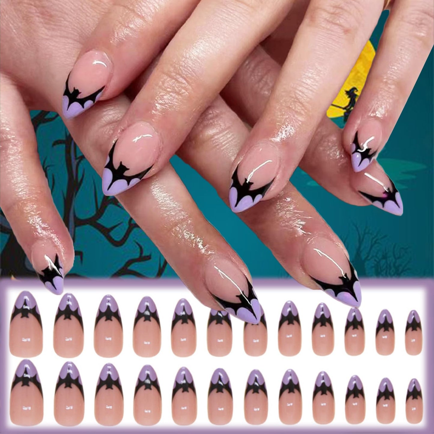 Halloween Bat Press on Nails for DIY Manicure Glossy Purple French Tips 24Pcs Acrylic Medium Almond False Nails Gel Glue on Nails Evil Bats Fake Nails Stick on Nails for Women Girls French Tips Design