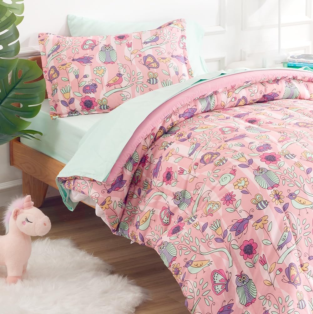 SLEEP ZONE Kids Bedding Comforter Set Twin Size Super Cute Soft Kids Bed in a Bag 5 Pieces with Comforter, Sheet, Pillowcase and Sham, Garden Secret
