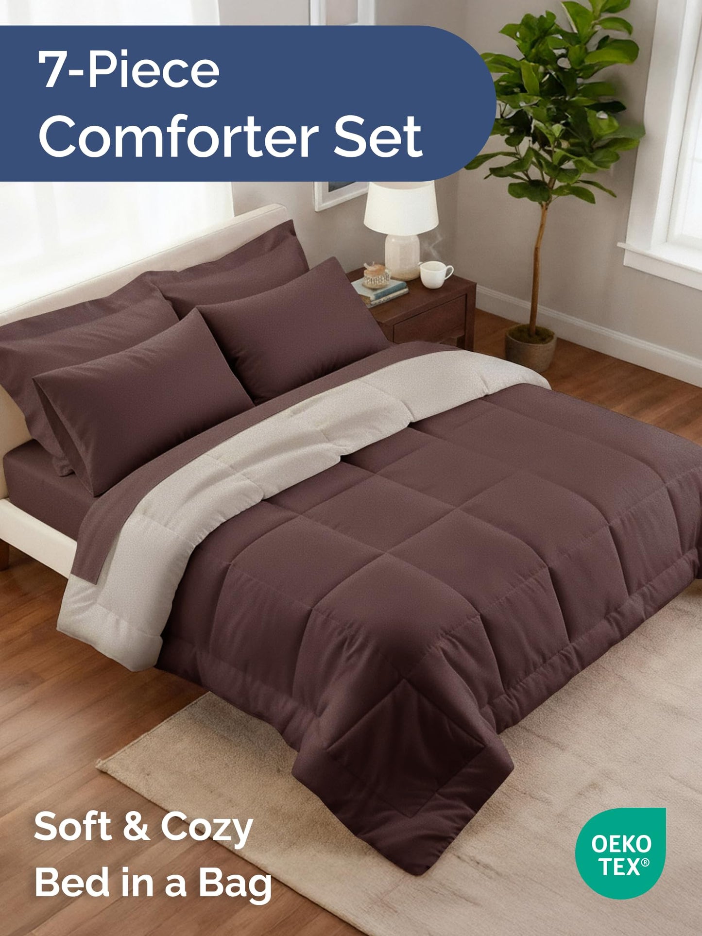 Queen Comforter Set Brown/Beige - Bed in a Bag Queen Size 7 Pieces - Down Alternative Lightweight Reversible Comforter Bedding Set with Flat Sheet, Fitted Sheet, Pillowcases and Shams for All Seasons
