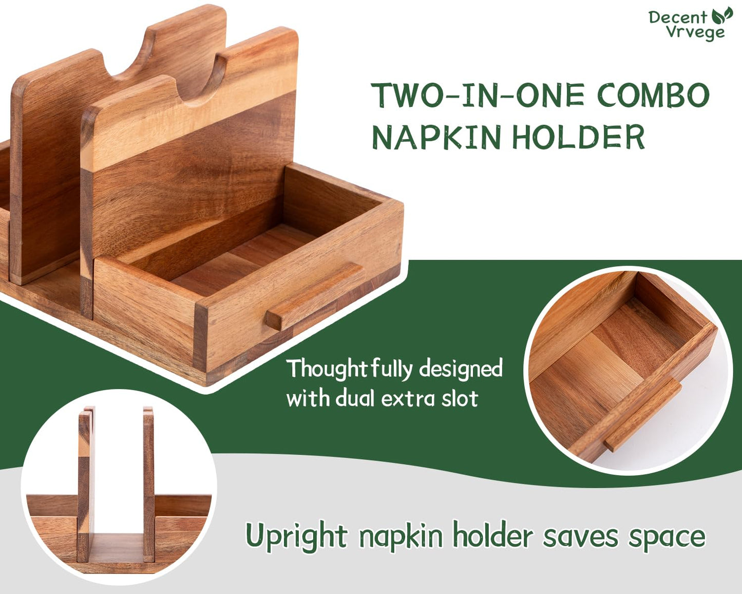 Decent Vrvege Napkin Holder, Napkin Holders with Built-in Salt Pepper Shakers Caddy, Acacia Wood Napkins Dispenser for Dining Table Countertop, Upright Paper Stand - Keep Your Kitchen Tidy & Organized