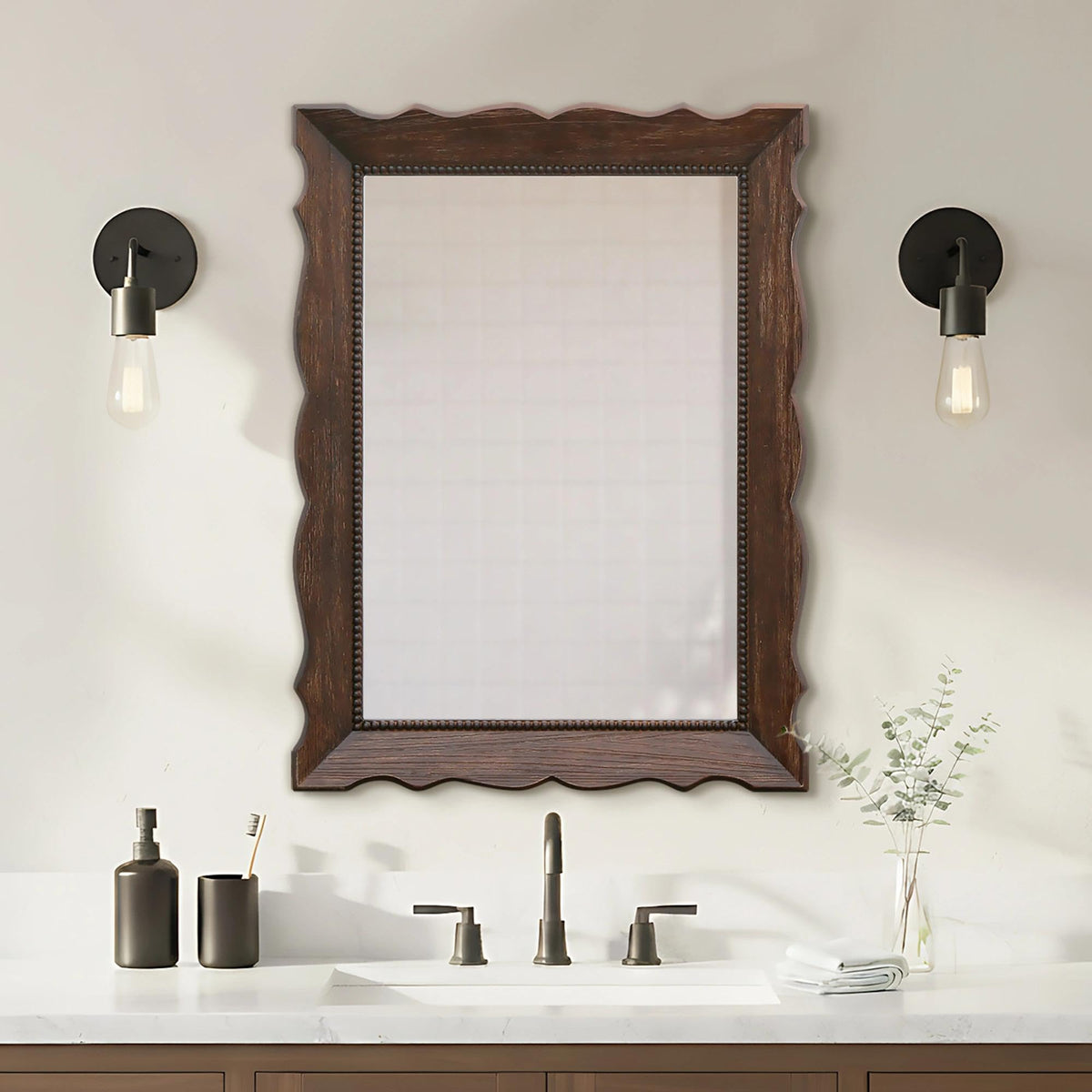 Besdomus Rustic Wooden Framed Mirror: 24" x 32" Dark Brown Wood Bathroom Mirror for Wall - Vertical or Horizontal Hanging for Bathroom/Vanity/Entryway - Ideal for Farmhouse Style Lovers