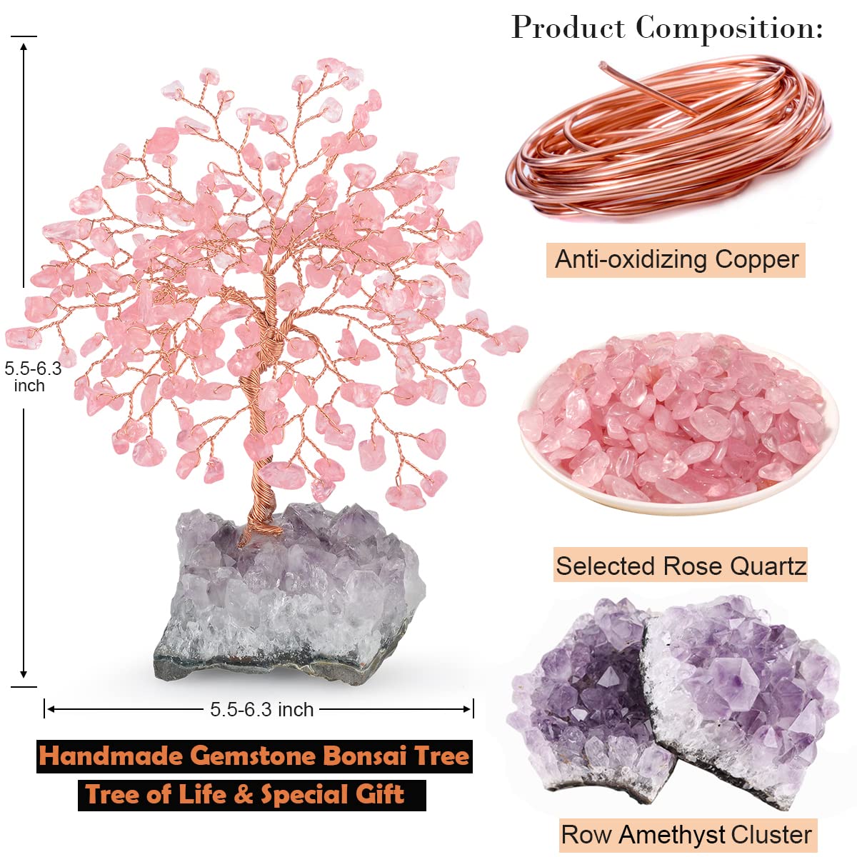 MASGEMES Natural Rose Quartz Gemstone Crystal Tree of Life, Amethyst Cluster Base,Feng Shui Decor Bonsai Money Tree,Healing Crystal Positive Energy Gift Size 5.5-6.3 Inches