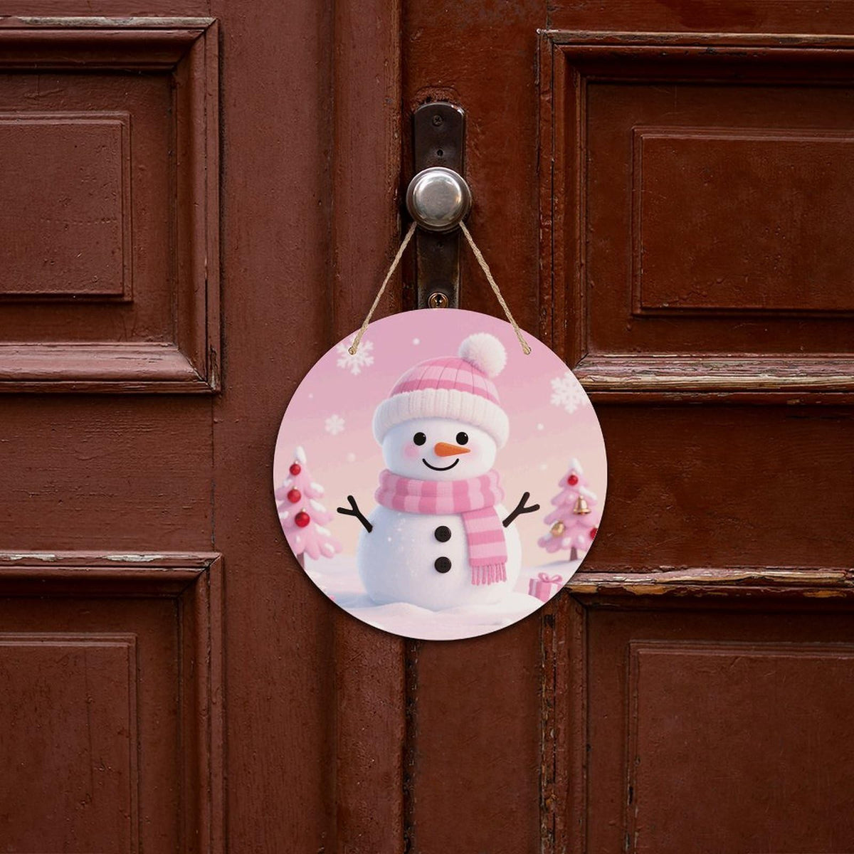 Pink Cute Snowman Welcome Sign for Front Door Wooden Wreaths