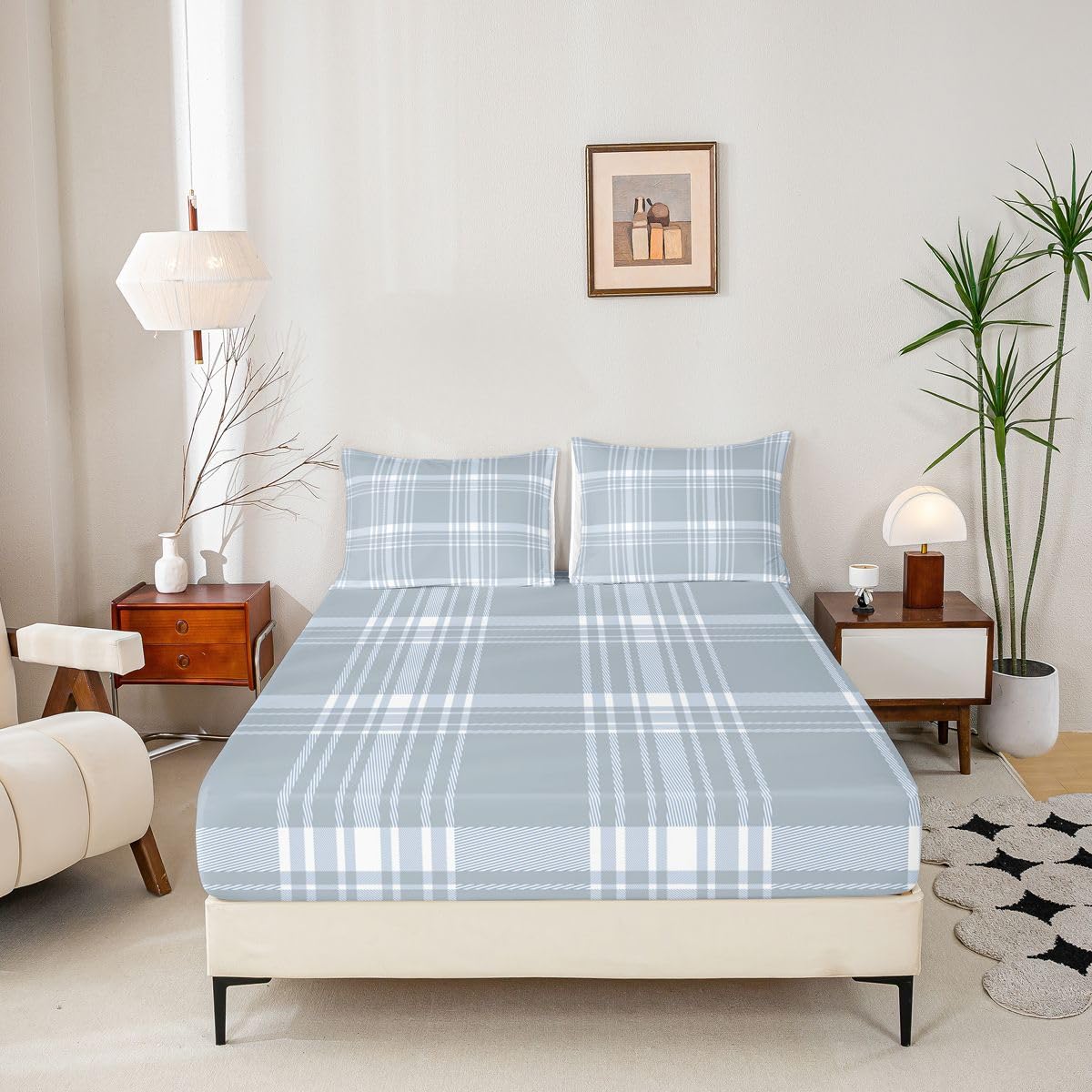jejeloiu Classic Plaid Fitted Sheet with 1 Pillowcase Twin Size Gray Checkerboard Bed Sheets Set 16" Deep Pocket Boys Girls Farmhouse Bedding Aesthetic Grid Teens Bedroom Decor Breathable