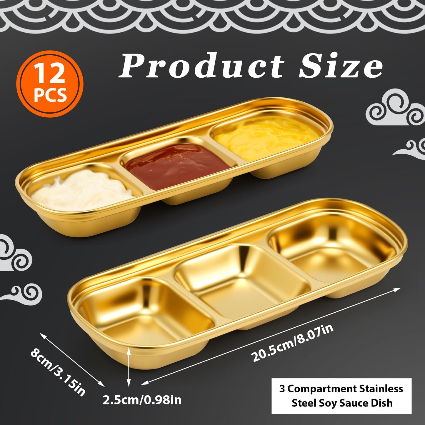 Maxcheck 12 Pcs Soy Sauce Dish Stainless Steel Divided Dip Bowls Korean 3 Compartment Sauce Plate Seasoning Dipping Condiment Tray for BBQ Vinegar Spice Salt Sugar Flavor Home Restaurant (Gold)