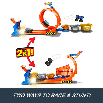 Hot Wheels Monster Trucks Toy Truck & Track Set, Loop-And-Flip Trophy Challenge Playset & 1:64 Scale 50th Anniversary Die-Cast Bigfoot, 2 Ways to Play, JBX64