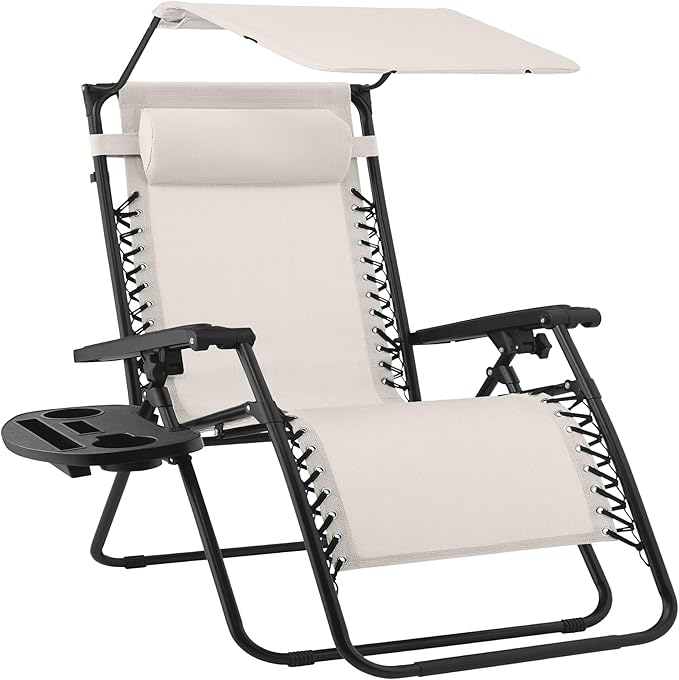 Best Choice Products 30” Wide Folding Zero Gravity Outdoor Recliner Patio Lounge Chair w/Adjustable Canopy Shade, Headrest, Side Accessory Tray - Ivory