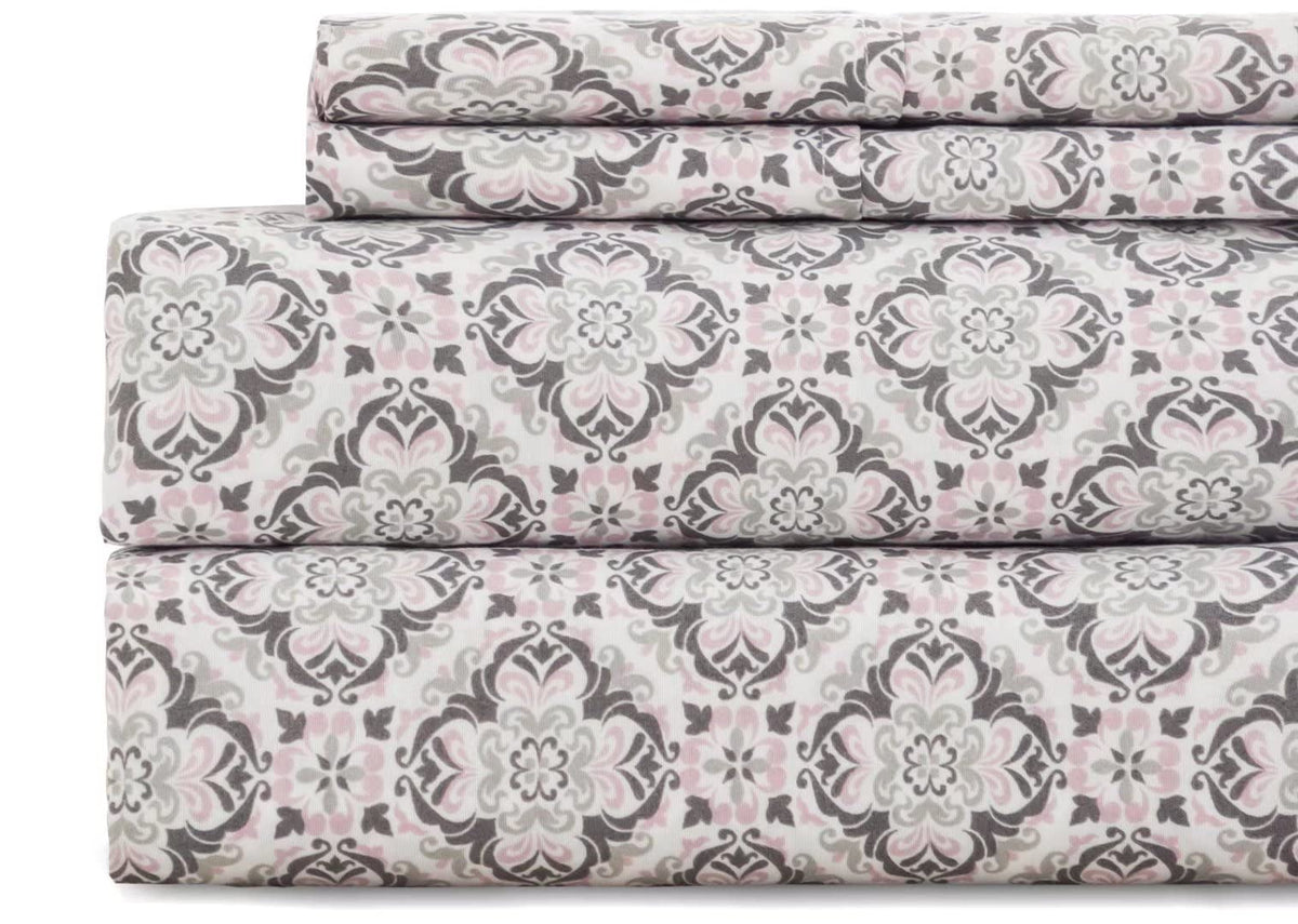 KaceMoo King Sheet Set 4PC Printed Sheets Beige Floral Pattern Boho Sheets Cooling Deep Pocket Microfibe Bed Sheet King Size, Luxury, Soft, Breathable, Hypoallergenic, Wrinkle Free for Kids Room, Dorm