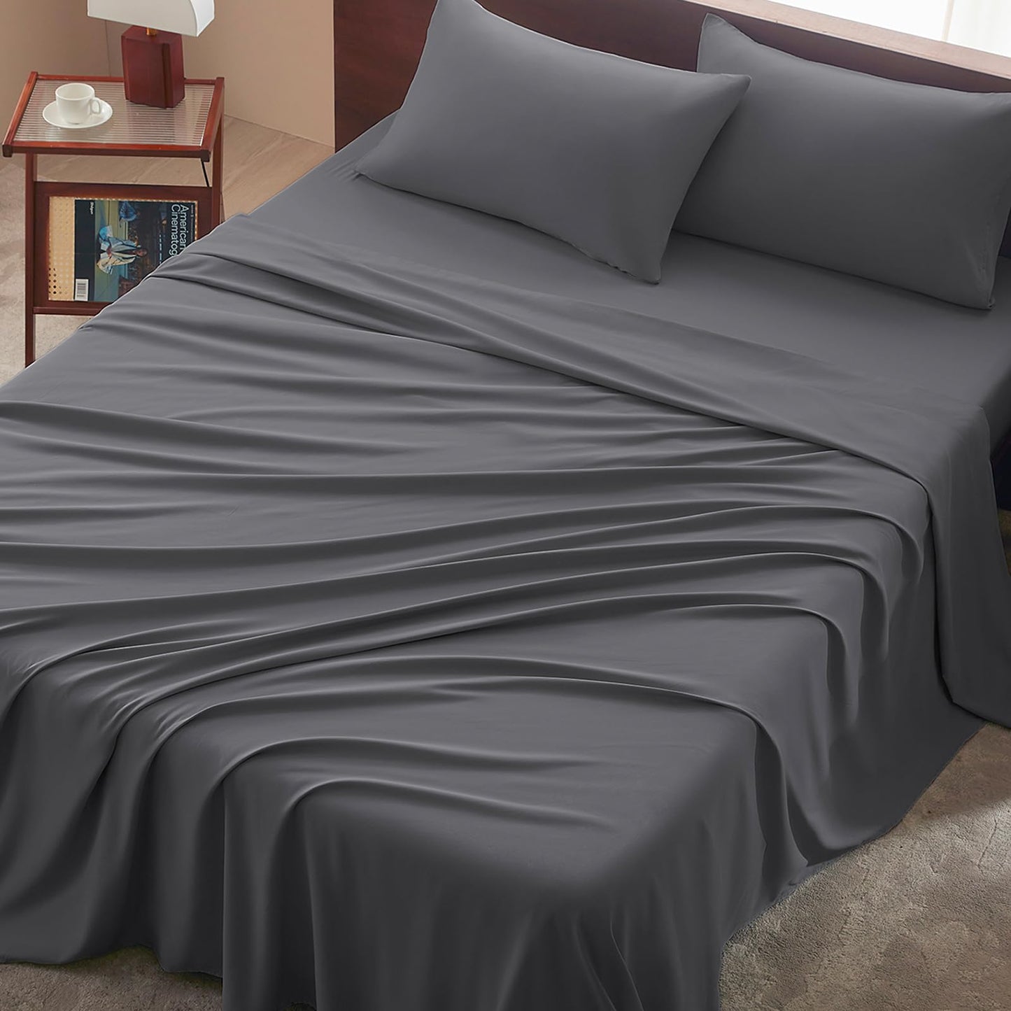USXIBEI Queen Size 4 Piece Sheet Set - Comfy Breathable & Cooling Bed Sheets Set, Soft and Wrinkle Free, Deep Pockets, Easy & Secure Fit, Hotel Luxury Bedding - Oeko-Tex - Dark Grey