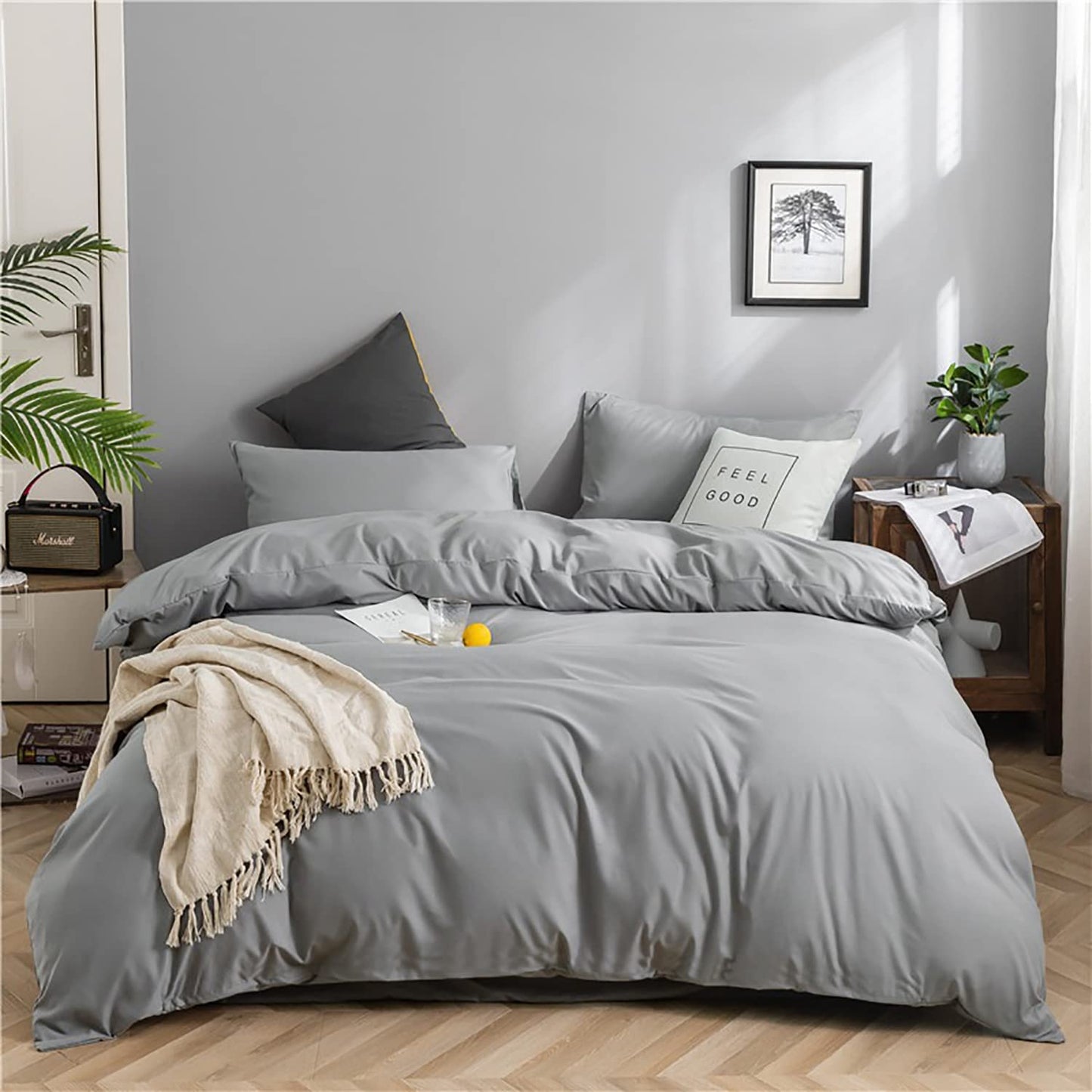 KAREVER Silver Grey Comforter Set Full Bright Gray Beddig Set for Kids Teens Adult Solid Silver Gray Color Bedding Set 3 Pieces with 2 Pollowcases Lightweight Durable Gray Comforter Set