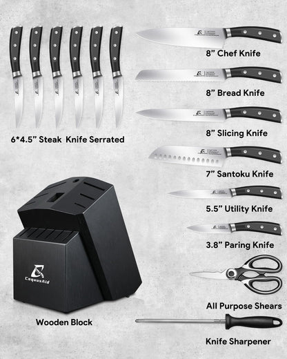 CoquusAid Knife Set, Upgrade 15 Pcs Knife Block Set with Widened Ventilated Slot, German Stainless Steel Kitchen Knives Set with Sharpener, Professional Chef Knives Set, Full Tang Ergonomic Handle